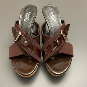 Women’s FRANCO SARTO BLAST Sz 7.5 Brown Patent Leather Buckle Cork Wedge Sandal